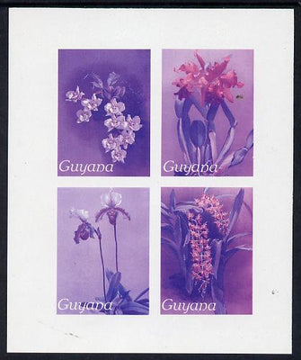 Guyana 1985-89 Orchids Series 2 Plate 46, 55, 57 & 81 (Sanders' Reichenbachia) unmounted mint imperf se-tenant sheetlet of 4 in blue & red colours only