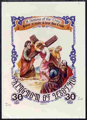 Lesotho 1985 Easter The Stations of the Cross #02 - Jesus is made to bear the Cross - imperf cromalin (plastic-coated proof) as issued but without blue background, with Artist's name and denominated 30s (crossed out and marked 20)……Details Below