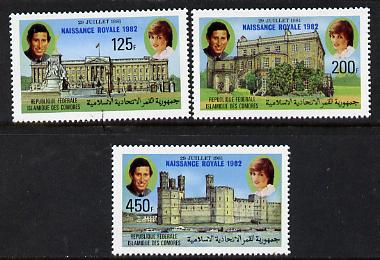 Comoro Islands 1982 Birth of Prince William opt on perf Royal Wedding set of 3 unmounted mint, SG 485-7
