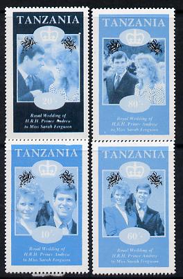 Tanzania 1986 Royal Wedding (Andrew & Fergie) the unissued perf set of 4 values (10s, 20s, 60s & 80s) in proof singles printed in blue & black colours only unmounted mint