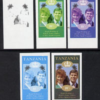 Tanzania 1986 Royal Wedding (Andrew & Fergie) the unissued 10s value in set of 5 imperf progressive colour proofs comprising single colour and various composites unmounted mint