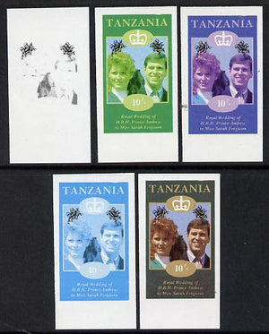 Tanzania 1986 Royal Wedding (Andrew & Fergie) the unissued 10s value in set of 5 imperf progressive colour proofs comprising single colour and various composites unmounted mint