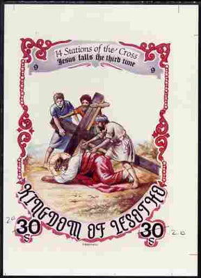 Lesotho 1985 Easter The Stations of the Cross #09 - Jesus falls the third time - imperf cromalin (plastic-coated proof) as issued but without blue background, with Artist's name and denominated 30s (crossed out and marked 20) over……Details Below