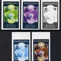 Tanzania 1986 Royal Wedding (Andrew & Fergie) the unissued 20s value in set of 5 imperf progressive colour proofs comprising single colour and various composites unmounted mint