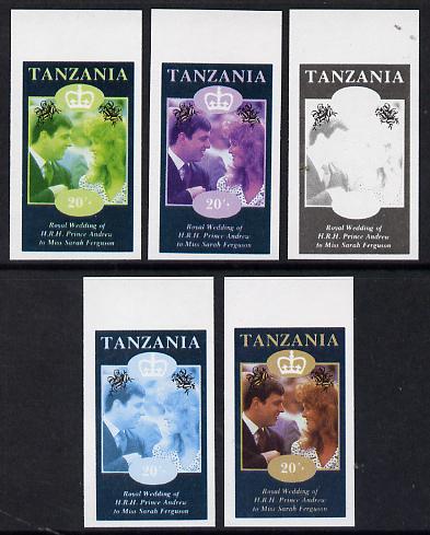 Tanzania 1986 Royal Wedding (Andrew & Fergie) the unissued 20s value in set of 5 imperf progressive colour proofs comprising single colour and various composites unmounted mint