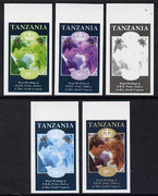 Tanzania 1986 Royal Wedding (Andrew & Fergie) the unissued 20s value in set of 5 imperf progressive colour proofs comprising single colour and various composites unmounted mint
