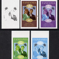 Tanzania 1986 Royal Wedding (Andrew & Fergie) the unissued 60s value in set of 5 imperf progressive colour proofs comprising single colour and various composites unmounted mint