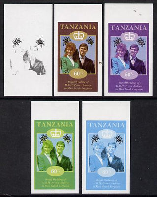 Tanzania 1986 Royal Wedding (Andrew & Fergie) the unissued 60s value in set of 5 imperf progressive colour proofs comprising single colour and various composites unmounted mint