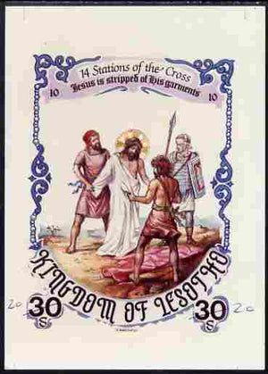 Lesotho 1985 Easter The Stations of the Cross #10 - Jesus is,stripped of his Garments - imperf cromalin (plastic-coated proof) as issued but without blue background, with Artist's name and denominated 30s (crossed out and marked 2……Details Below