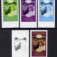 Tanzania 1986 Royal Wedding (Andrew & Fergie) the unissued 80s value in set of 5 imperf progressive colour proofs comprising single colour and various composites unmounted mint