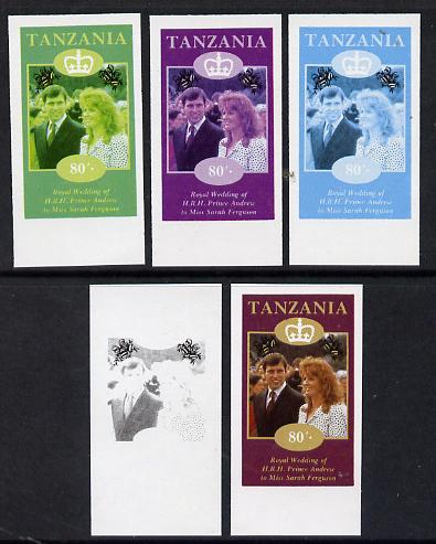 Tanzania 1986 Royal Wedding (Andrew & Fergie) the unissued 80s value in set of 5 imperf progressive colour proofs comprising single colour and various composites unmounted mint