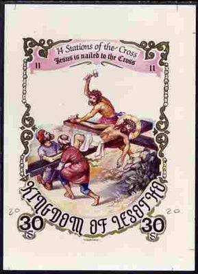 Lesotho 1985 Easter The Stations of the Cross #11 - Jesus is,nailed to the Cross - imperf cromalin (plastic-coated proof) as issued but without blue background, with Artist's name and denominated 30s (crossed out and marked 20) ov……Details Below