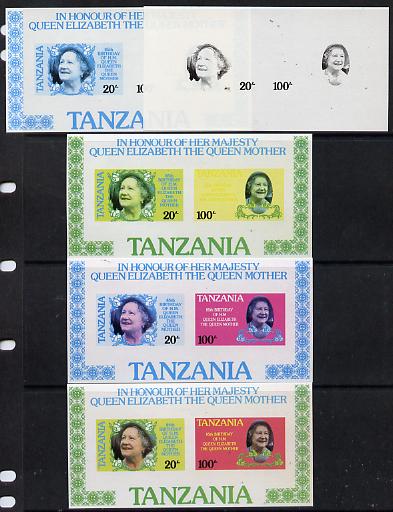 Tanzania 1985 Life & Times of HM Queen Mother m/sheet (containing SG 425 & 427) imperf set of 5 progressive colour proofs unmounted mint