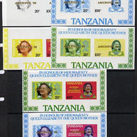 Tanzania 1986 Queen Mother m/sheet (containing SG 425 & 427 with 'AMERIPEX 86' opt in gold) set of 6 imperf progressive colour proofs unmounted mint