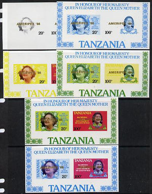 Tanzania 1986 Queen Mother m/sheet (containing SG 425 & 427 with 'AMERIPEX 86' opt in gold) set of 6 imperf progressive colour proofs unmounted mint