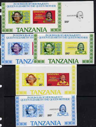 Tanzania 1986 Queen Mother m/sheet (containing SG 425 & 427 with 'AMERIPEX 86' opt in silver) set of 6 imperf progressive colour proofs unmounted mint