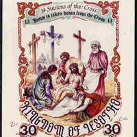 Lesotho 1985 Easter The Stations of the Cross #13 - Jesus is taken down from the Cross - imperf cromalin (plastic-coated proof) as issued but without blue background, with Artist's name and denominated 30s (crossed out and marked ……Details Below