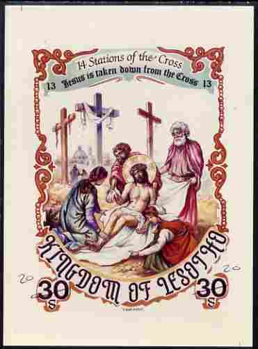 Lesotho 1985 Easter The Stations of the Cross #13 - Jesus is taken down from the Cross - imperf cromalin (plastic-coated proof) as issued but without blue background, with Artist's name and denominated 30s (crossed out and marked ……Details Below