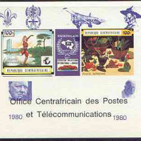 Central African Republic 1980 opt on 1970 'Knokphila 70' Stamp Exhibition 100f triptych deluxe proof card in full issued colours (as SG 223-4) opt'd in blue showing Scout & Malaria logos, Concorde, Baden Powell, Churchill & Pofpe