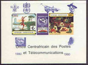 Central African Republic 1980 opt on 1970 'Knokphila 70' Stamp Exhibition 100f triptych deluxe proof card in full issued colours (as SG 223-4) opt'd in blue showing Scout & Malaria logos, Concorde, Baden Powell, Churchill & Pofpe