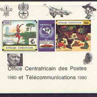 Central African Republic 1980 opt on 1970 'Knokphila 70' Stamp Exhibition 100f triptych deluxe proof card in full issued colours (as SG 223-4) opt'd in black showing Scout & Malaria logos, Concorde, Baden Powell, Churchill & Pope
