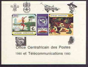Central African Republic 1980 opt on 1970 'Knokphila 70' Stamp Exhibition 100f triptych deluxe proof card in full issued colours (as SG 223-4) opt'd in black showing Scout & Malaria logos, Concorde, Baden Powell, Churchill & Pope