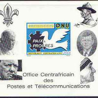 Central African Republic 1970 25th Anniversary of United Nations deluxe proof card in full issued colours (as SG 227) opt'd in black showing Scout logo, Baden Powell, Churchill, Pope, Kennedy & Mother Teresa