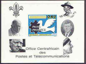 Central African Republic 1970 25th Anniversary of United Nations deluxe proof card in full issued colours (as SG 227) opt'd in black showing Scout logo, Baden Powell, Churchill, Pope, Kennedy & Mother Teresa