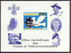 Central African Republic 1970 25th Anniversary of United Nations deluxe proof card in full issued colours (as SG 227) opt'd in blue showing Scout logo, Baden Powell, Churchill, Pope, Kennedy & Mother Teresa