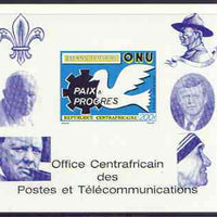 Central African Republic 1970 25th Anniversary of United Nations deluxe proof card in full issued colours (as SG 227) opt'd in blue showing Scout logo, Baden Powell, Churchill, Pope, Kennedy & Mother Teresa