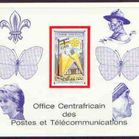 Central African Republic 1970 'EXPO 70' 200f deluxe proof card in full issued colours (as SG 226) opt'd in blue showing Scout logo, Baden Powell, Butterflies, Princess Di & Mother Teresa