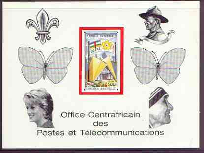 Central African Republic 1970 'EXPO 70' 200f deluxe proof card in full issued colours (as SG 226) opt'd in black showing Scout logo, Baden Powell, Butterflies, Princess Di & Mother Teresa