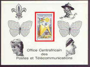 Central African Republic 1970 'EXPO 70' 200f deluxe proof card in full issued colours (as SG 226) opt'd in black showing Scout logo, Baden Powell, Butterflies, Princess Di & Mother Teresa
