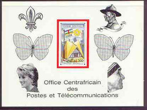 Central African Republic 1970 'EXPO 70' 200f deluxe proof card in full issued colours (as SG 226) opt'd in black showing Scout logo, Baden Powell, Butterflies, Princess Di & Mother Teresa