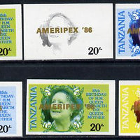 Tanzania 1986 Queen Mother 20s (SG 425 with 'AMERIPEX 86' opt in gold) set of 6 imperf progressive colour proofs unmounted mint