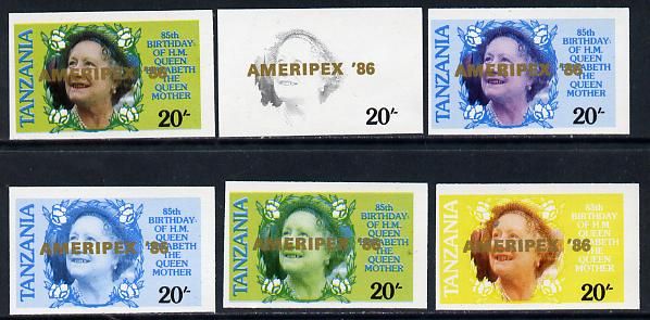 Tanzania 1986 Queen Mother 20s (SG 425 with 'AMERIPEX 86' opt in gold) set of 6 imperf progressive colour proofs unmounted mint