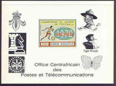 Central African Republic 1970 Football World Cup deluxe die proof of 200f on glossy card, as SG 225 opt'd in black showing Scout logo (inverted), Baden Powell, Chess pieces, Rotary logo, Tiger woods & Butterfly