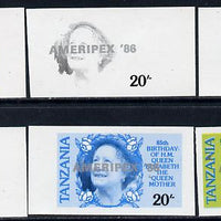 Tanzania 1986 Queen Mother 20s (SG 425 with 'AMERIPEX 86' opt in silver) set of 6 imperf progressive colour proofs unmounted mint