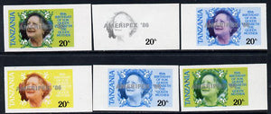 Tanzania 1986 Queen Mother 20s (SG 425 with 'AMERIPEX 86' opt in silver) set of 6 imperf progressive colour proofs unmounted mint