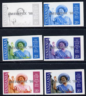 Tanzania 1986 Queen Mother 20s (SG 426 with 'AMERIPEX 86' opt in silver) set of 6 imperf progressive colour proofs unmounted mint