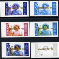 Tanzania 1986 Queen Mother 20s (SG 426 with 'AMERIPEX 86' opt in gold) set of 6 imperf progressive colour proofs unmounted mint