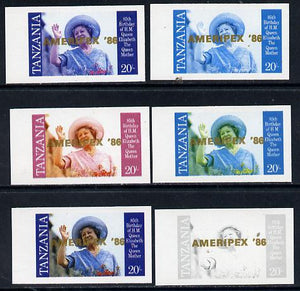 Tanzania 1986 Queen Mother 20s (SG 426 with 'AMERIPEX 86' opt in gold) set of 6 imperf progressive colour proofs unmounted mint