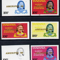 Tanzania 1986 Queen Mother 100s (SG 427 with 'AMERIPEX 86' opt in gold) set of 6 imperf progressive colour proofs unmounted mint