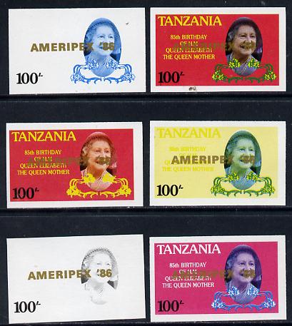 Tanzania 1986 Queen Mother 100s (SG 427 with 'AMERIPEX 86' opt in gold) set of 6 imperf progressive colour proofs unmounted mint