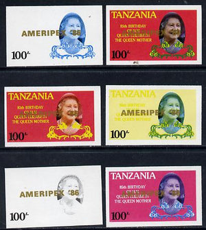 Tanzania 1986 Queen Mother 100s (SG 427 with 'AMERIPEX 86' opt in gold) set of 6 imperf progressive colour proofs unmounted mint