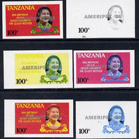 Tanzania 1986 Queen Mother 100s (SG 427 with 'AMERIPEX 86' opt in silver) set of 6 imperf progressive colour proofs unmounted mint
