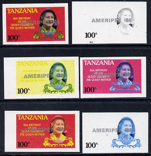 Tanzania 1986 Queen Mother 100s (SG 427 with 'AMERIPEX 86' opt in silver) set of 6 imperf progressive colour proofs unmounted mint
