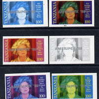 Tanzania 1986 Queen Mother 100s (SG 428 with 'AMERIPEX 86' opt in silver) set of 6 imperf progressive colour proofs unmounted mint