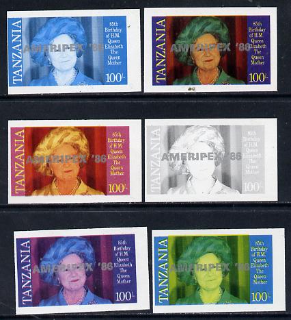 Tanzania 1986 Queen Mother 100s (SG 428 with 'AMERIPEX 86' opt in silver) set of 6 imperf progressive colour proofs unmounted mint