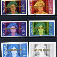 Tanzania 1986 Queen Mother 100s (SG 428 with 'AMERIPEX 86' opt in gold) set of 6 imperf progressive colour proofs unmounted mint